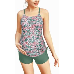 Maacie Maternity Athletic Tankini Swimsuits Two Piece Floral Print Ruched Tops with Shorts, Medium
