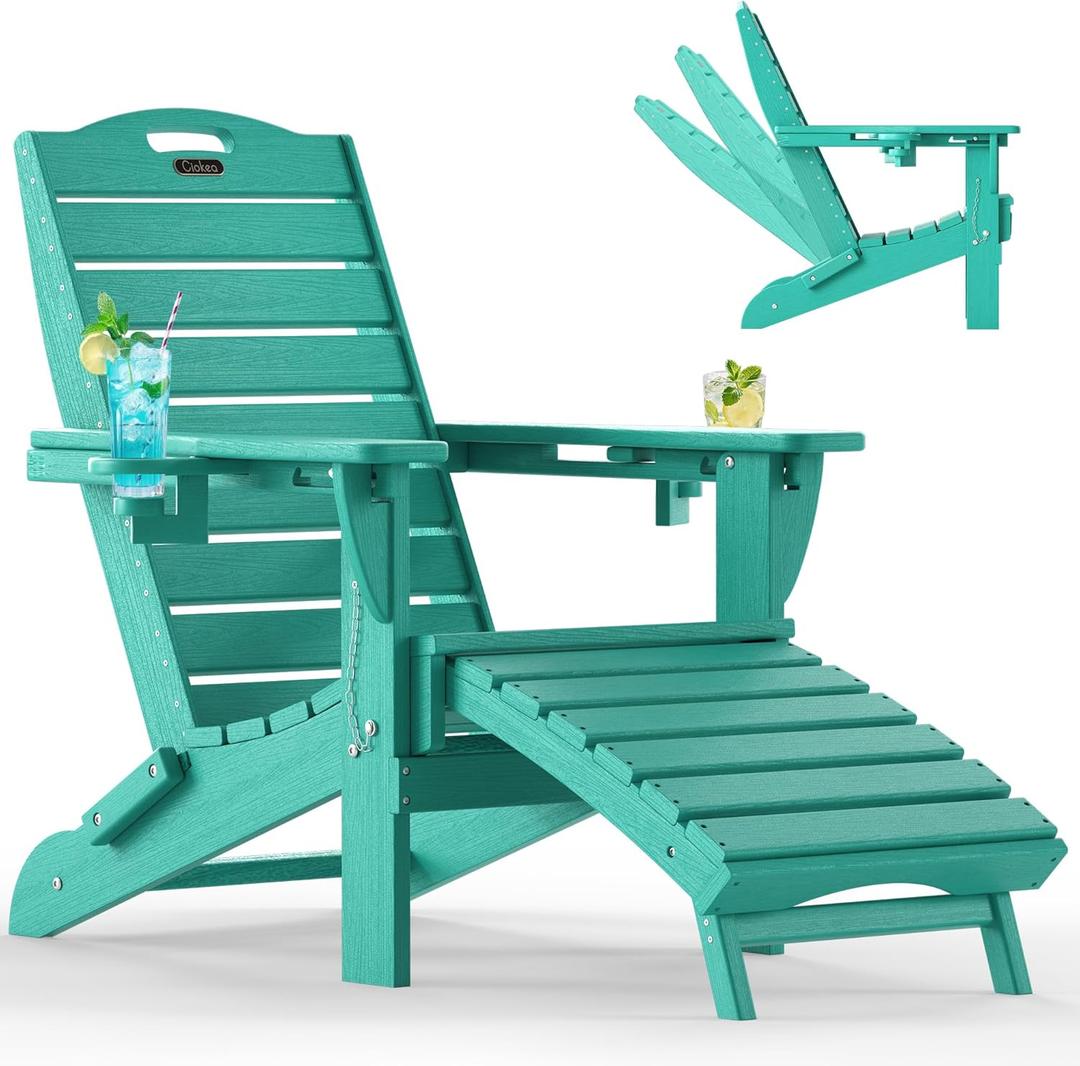 Ciokea Folding Adirondack Chair with Retractable Ottoman Fire Pit Patio Chair with Pull Out Foot Rest Weather Resistant Lawn Outdoor Lounge Chair with 2 Cup Holder (Lake Blue)