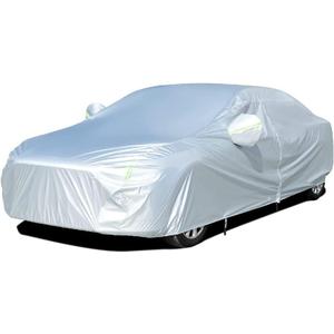Tecoom Car Cover Waterproof All Weather for Automobiles, Light Shell Waterproof UV-Proof Windproof Design Car Cover with Zipper Storage and Lock for All Weather Indoor Outdoor Fit 191-200 Inches Sedan (Silver-Polyester)