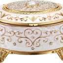 Vintage Jewelry Box Small Trinket Box - Oval Enamel Treasure Chest Box Metal Jewelry Box Golden Rings Earrings Holder Hand Painted Jewelry Keepsake Box Gift for Birthday, Christmas (Beige)