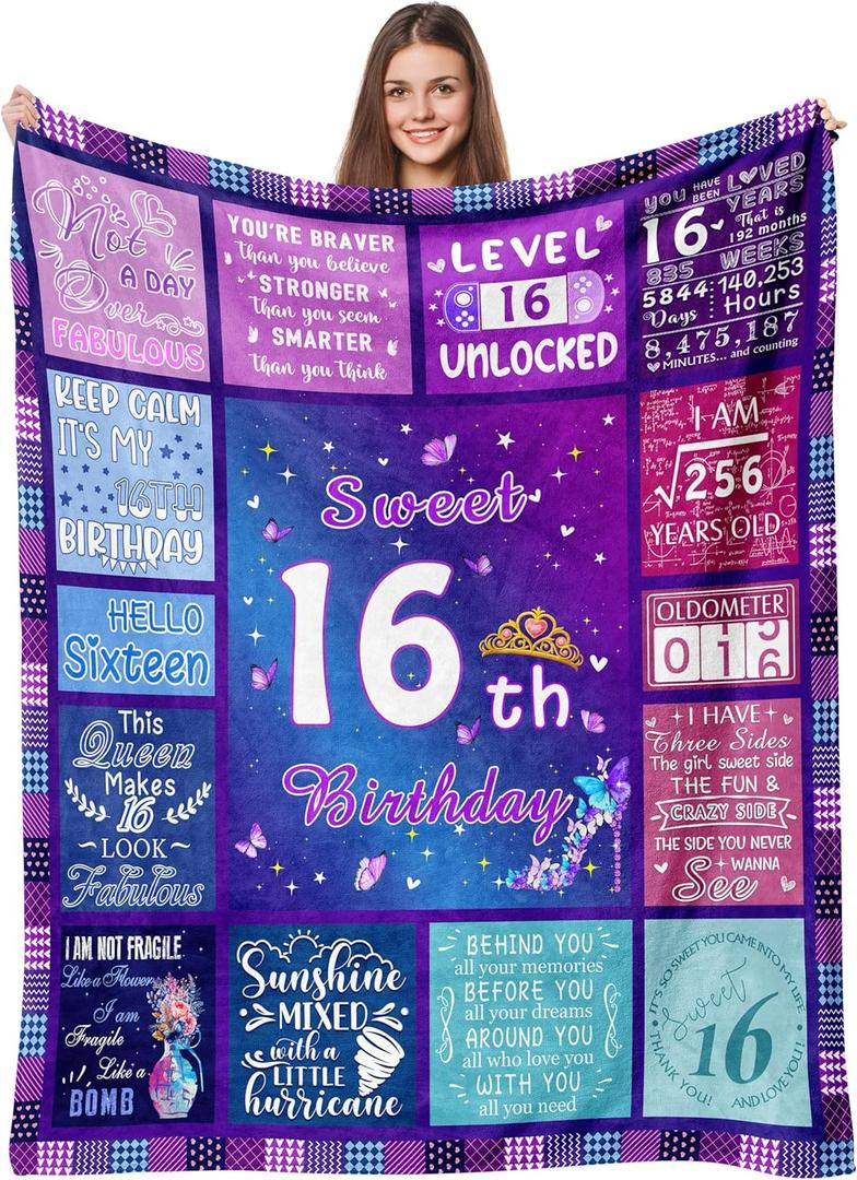Sweet 16 Gifts for Girls, 16 Year Old Girl Gifts for Birthday, 16th Birthday Gifts Blanket for Girls Daughter Sister, 16th Birthday Decorations Blanket 60"X50"