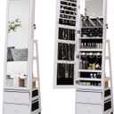 Jewelry Cabinet Standing Mirror with Drawers Wheels Full Length Mirror Jewelry Storage with Touch Screen Vanity Mirror Rotatable Jewelry Armoire Organizer with Lock White Christmas Gift for Women (63*16)