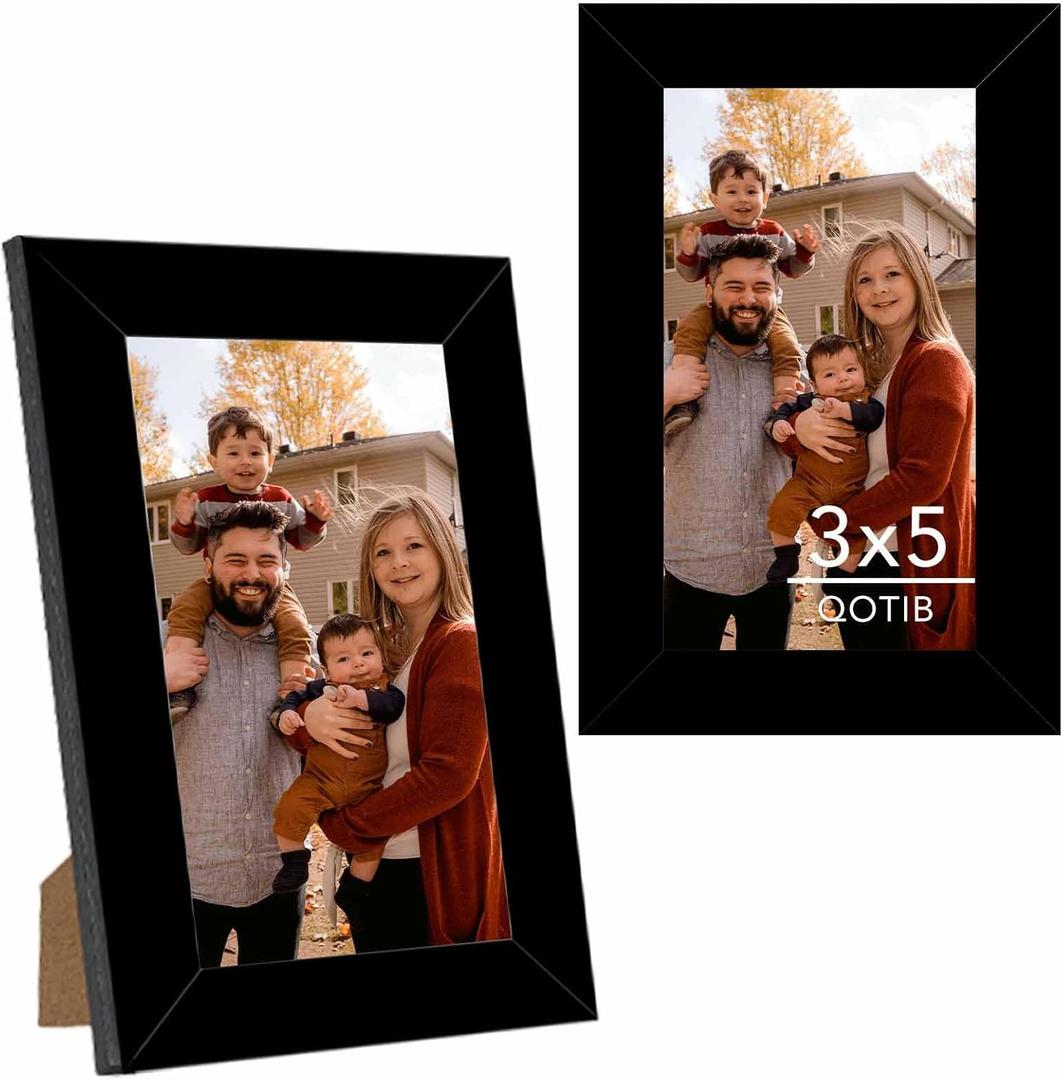 2 Packs 3x5 Picture Frame Black, Engineered Wood 3 x 5 Photo Frame, 3 by 5 Photo Poster Frame for Wall Hanging and Tabletop Set of 2, Black