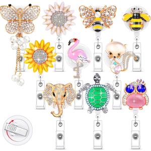 Teling 10 Pcs Crystal Badge Holders Retractable Badge Reel Rhinestone Cute Butterfly Bee Flamingo Flower Bling Badges Reels with Alligator Clip for Nurse ID Name Card Teacher Office Gift