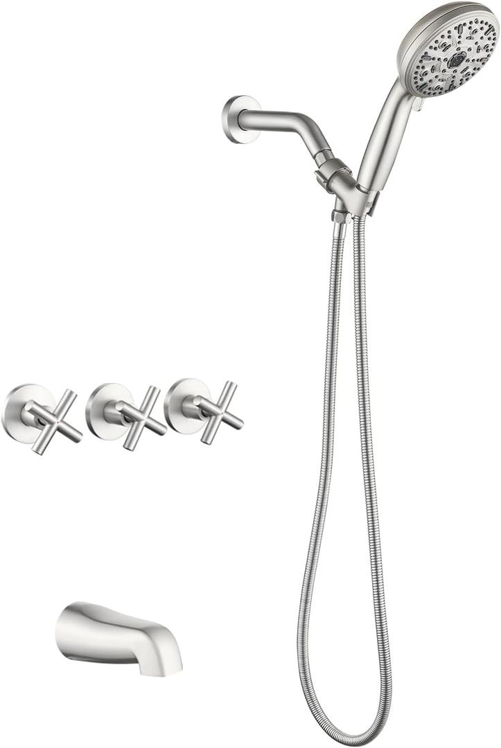 3 Handles Tub Shower Faucet Set with 10 Spray Handheld Shower 4.7 Inch Shower Handheld Shower Tub Kit Wall Mounted Shower System with Tub Spout Brushed Nickel Shower Fixtures Tub and Shower Trim Kit