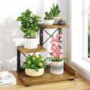 LASZOLA Indoor 3 Tier Table Top Corner Plant Stand, Heavy Duty Wood and Metal Succulents Shelf, Vertical Countertop Planter Display Rack Organizer for Office Kitchen, Desk Accessories, Rustic Brown