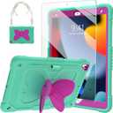 Ambison Case for iPad 9th/8th/7th Generation 10.2 inch with Glass Screen Protector,Rugged Shockproof Protective Cover for Kids Girls Butterfly Stand,Shoulder Strap for iPad 2021/2020/2019-Mint