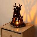 Handmade Wooden LED Campfire Night Light with Flickering Flame & Crackling Sound - 3 Modes Touch Control USB Rechargeable Ambient Lamp for Bedroom, Camping Decor, Fire Pit Gift (M)