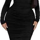 Ekaliy Women's Ruched Bodycon Midi Dress Mock Neck Long Sleeves Party Club Dresses (Large, Black)