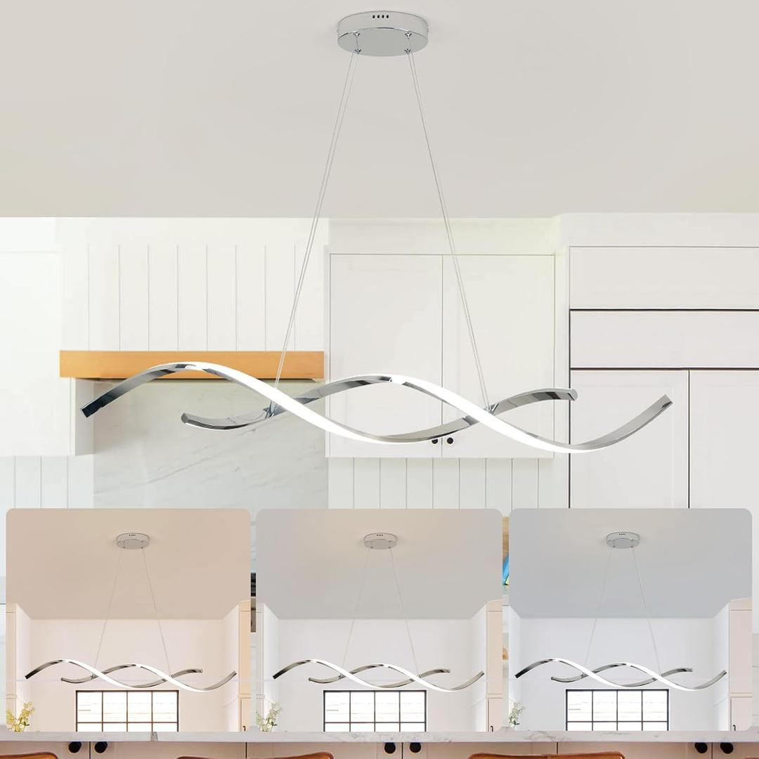 Chrome Dimmable Chandelier Over Tables, 43" Modern Pendant Lights
Modern Chrome Wave LED Chandelier for Dining Room, Height Adjustable 43" Pendant Light Fixtures Over Tables, 31W 3700 Lumens