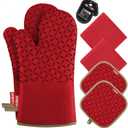 KEGOUU Oven Mitts and Pot Holders 6pcs Set, Kitchen Oven Glove High Heat Resistant 500 Degree Extra Long Oven Mitts and Potholder with Non-Slip Silicone Surface for Cooking (Red)