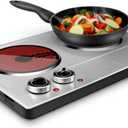 CUSIMAX 1800W Ceramic Electric Hot Plate for Cooking, Dual Control Infrared Cooktop, Double Burner, Portable Countertop Burner, Glass Plate Electric Cooktop, Silver, Stainless Steel-Upgraded Version (Silver Double Burner)