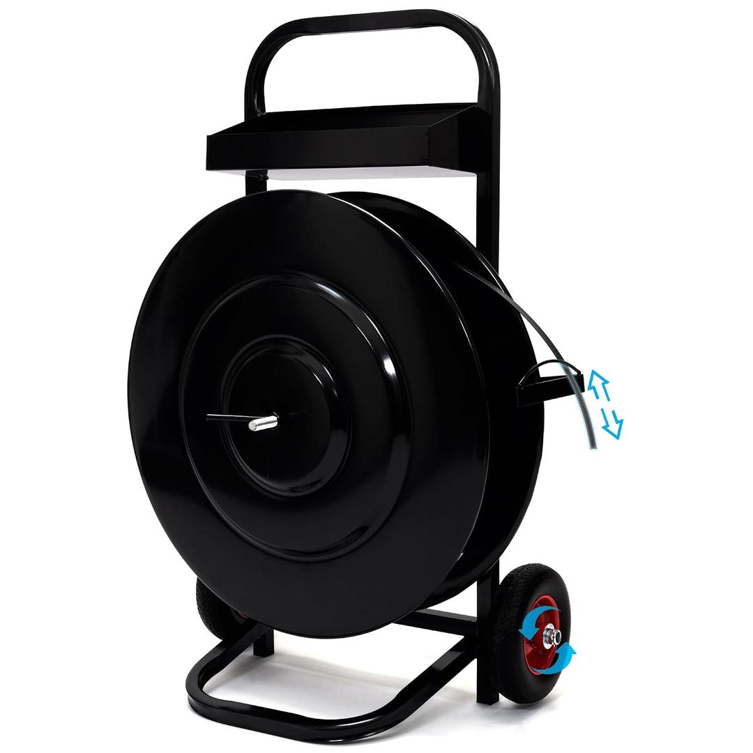 Heavy Duty Strapping Cart, Strapping Dispenser for Poly/Plastic Steel/Fibre Strapping, Moveable Strapping Dispenser Deluxe Banding Cart with Built-in Tray, Black