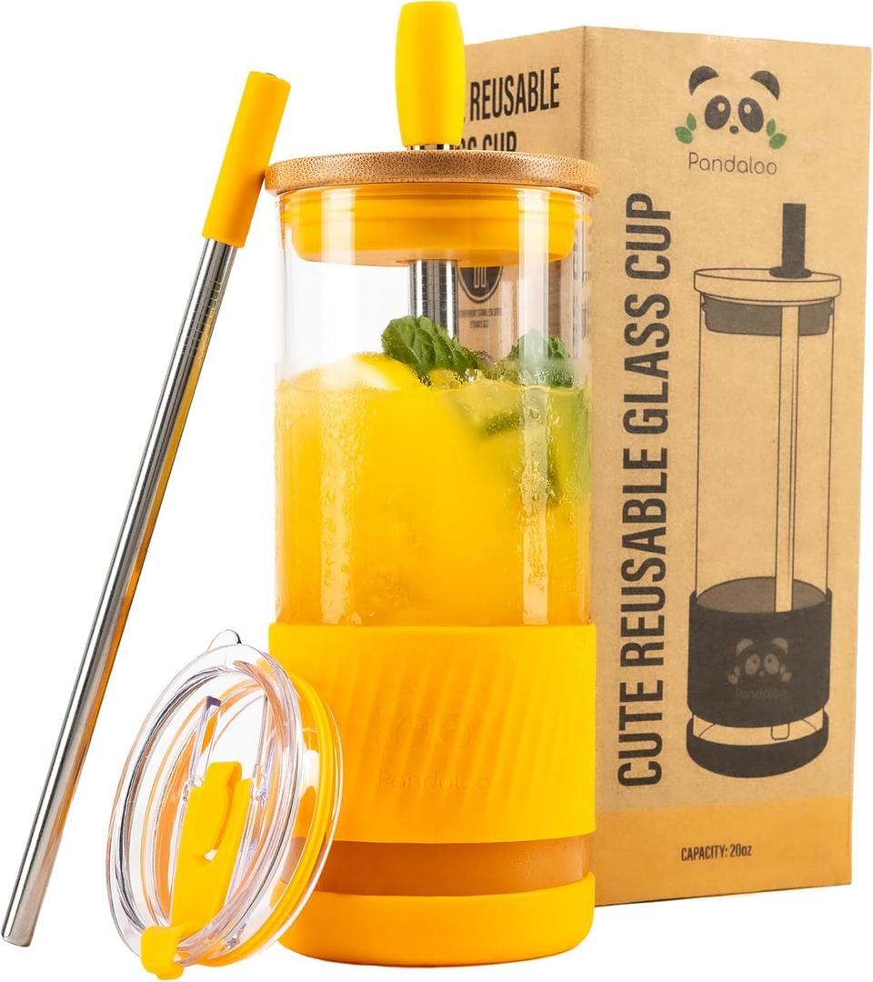 Pandaloo Glass Cups With Lids and Straws -20 Fl Oz- Perfect Size Iced Coffee Cup - Smoothie Cup With Bamboo Lid and On the go Lid - Glass Tumbler With Straw (1 Count (Pack of 1), Maracuja Dream)