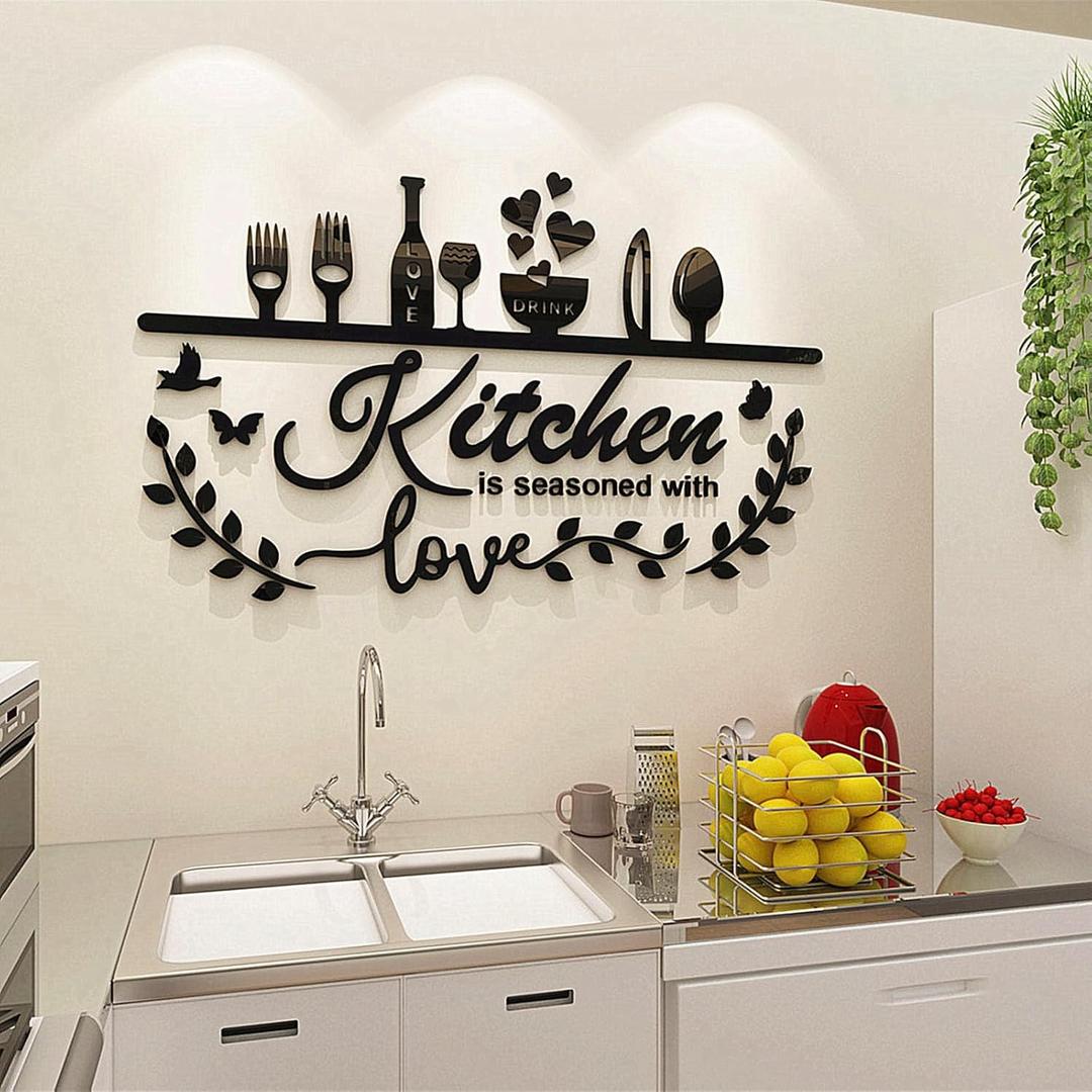 Kitchen Wall Decor 3D-DIY Silver Black Bless This Home for Kitchen Decor Wall Art for Dining Room Living Room Decoracin para Cocina (Style 2 Black)