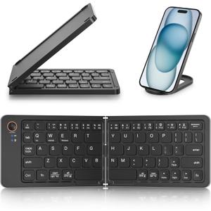 Mini Foldable Bluetooth Keyboard - Portable Wireless Full Size Keyboard (Sync Up to 3 Devices), Ultra-Slim Aluminum Travel Folding Keyboards for iPhone iPad Mac Android Windows iOS (Black)