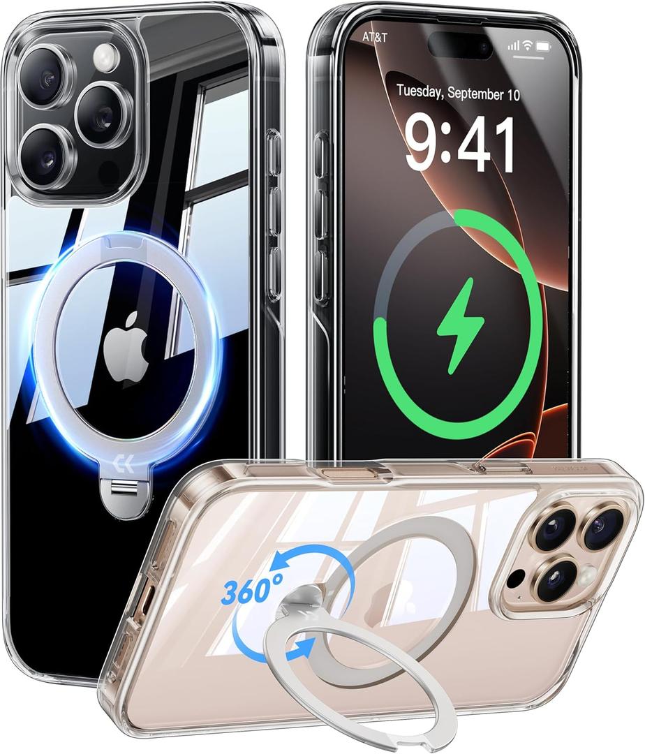 CASEKOO 360 Spin Max Magnetic Titanium Stand for iPhone 16 Pro Max Case [Fit with Magsafe][16FT Military Protection] [No-Yellow Crystal Clear] Slim Frame Titanium Alloy Sturdy Stand 6.9'', Clear