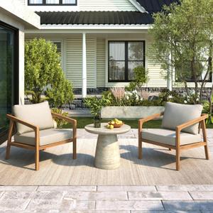 Merax 2 Piece Patio Outdoor Furniture Set, All-Weather Acacia Wood Armchairs w/Cushions, Club Chair for Porch, Lawn, Backyard, Balcony Teak+ Beige