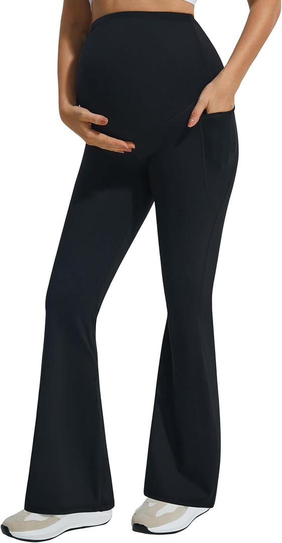 JOYSPELS Smooth Feeling Flare Maternity Leggings Over The Belly with Pockets Soft Bootcut Pregnancy Yoga Pants (Medium, Black)