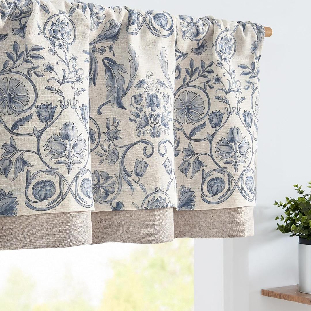 jinchan Linen Valance Kitchen Curtain for Windows Double Layer 16 Inch for Living Room Bedroom Window Treatment Light Filtering Vintage Rustic Farmhouse Cottagecore Rod Pocket 1 Panel Blue on Beige