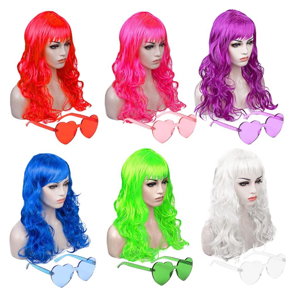 DIYI Long Colorful Wigs 6 Pack Wavy Party Wigs Curly Color Wigs for Women Bachelorette Party Decorations Supplies Favors Extra 6 Pack Neon Party Glasses Add (Blue, White, Green, Red, Purple, Pink)