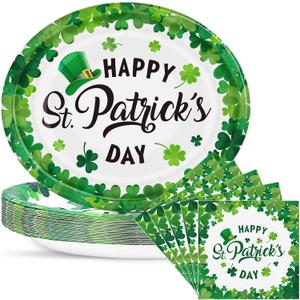 50Pcs St. Patrick's Day Oval Paper Plates and Napkins Set Serve 25 - 10" x 12.5" Large Disposable Green Paper Plates and 6.5'' Napkins with Lucky Shamrock for Irish Party Supplies Themed Tableware Set