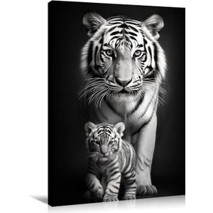 Canvas Wall Art Tiger Decor Black and White Picture Tiger and Cub Painting Wild Animal Poster Modern Artwork for Kids Room Office Bedroom Home Wall Decor Framed - 16.00"x24.00"