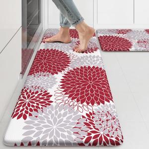 Anti Fatigue Kitchen Mats for Floor 2PCS,17"x47"+17"x29" Farmhouse Kitchen Rugs Non Slip Rubber Backing,Waterproof Cushioned Standing Mat for Office,Laundry,Sink,Desk,Red (17.3" x 47 "+ 17.3" x 29 "--0.47 inches)