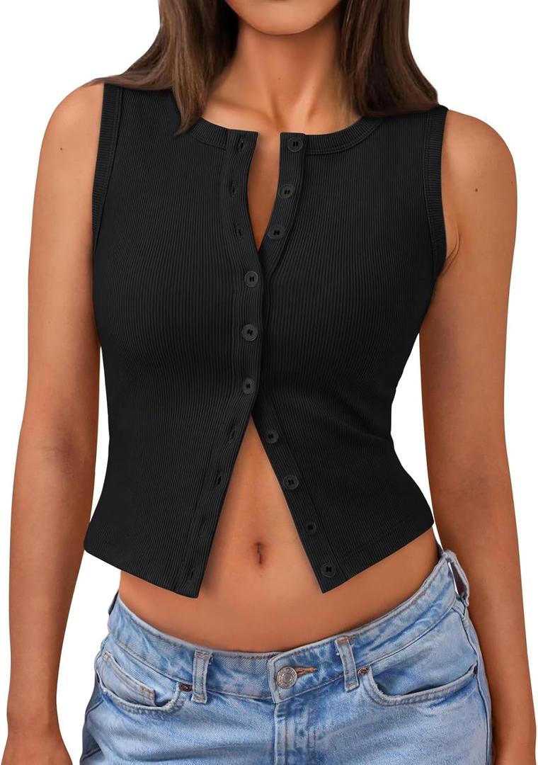 Trendy Queen Womens Going Out Tank Top Ribbed Button Down Sleeveless Vest Crop Spring Beach Vacation Summer Tops Black M