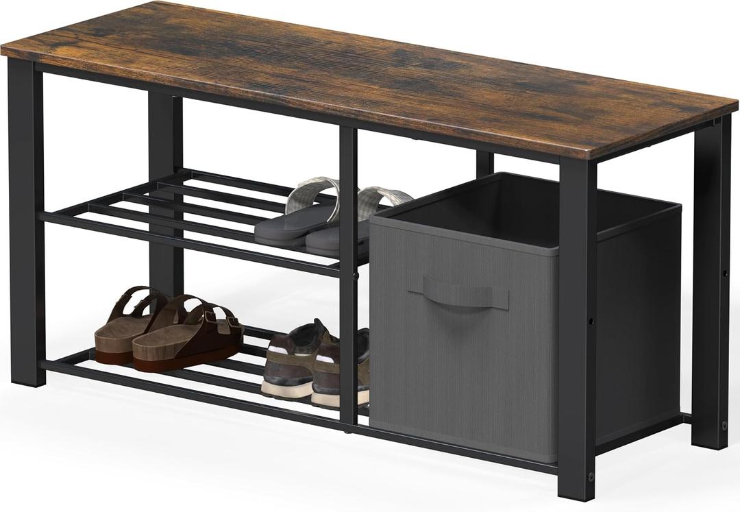 Simple Houseware 2 Tier Shoes Bench with Wood Top and Storage Bins, Rustic Brown