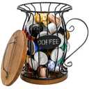 WRINGKIT Rustic Coffee Pod Holder with Lid, K Cup Pods Holder for Counter, Large Capacity Black Wire Coffee Pod Filter Storage Basket for Espresso Capsule, Wooden Base