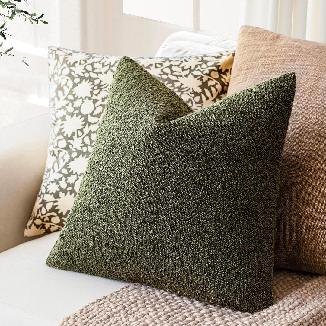 Modern Textured Boucle Throw Pillow Cover Accent Solid Decorative Pillow Case Cozy Woven Couch Cushion Case for Chair Sofa Bedroom Living Room Home Decor 20x20 Inch Moss Green