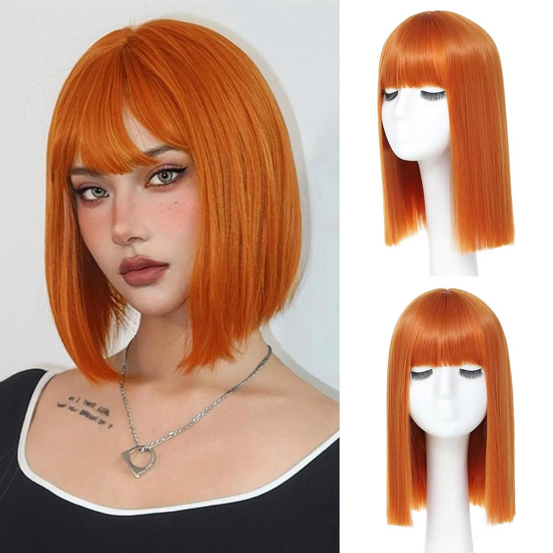 Orange Bob Wig With Bangs - Heat Resistant 14Inch Synthetic Hair, Short Straight Shoulder Length Natural-Looking Cosplay Wig for Daily Use, Parties & Women Girls