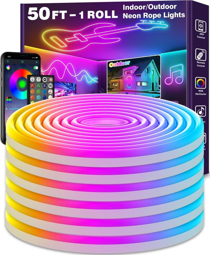 LETIANPAI Neon Rope Lights,Flexible Led Rope Lights Control with App/Remote,Multiple Modes Rope Lights,IP65 Outdoor RGB Led Neon Lights Waterproof,Music Sync Gaming Led Light Strip (50FT)