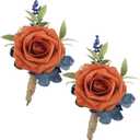 Rinlong 2Pcs Terracotta Navy Boutonniere with Pin for Men, Groom, Groomsmen | Fall Wedding, Prom, Homecoming