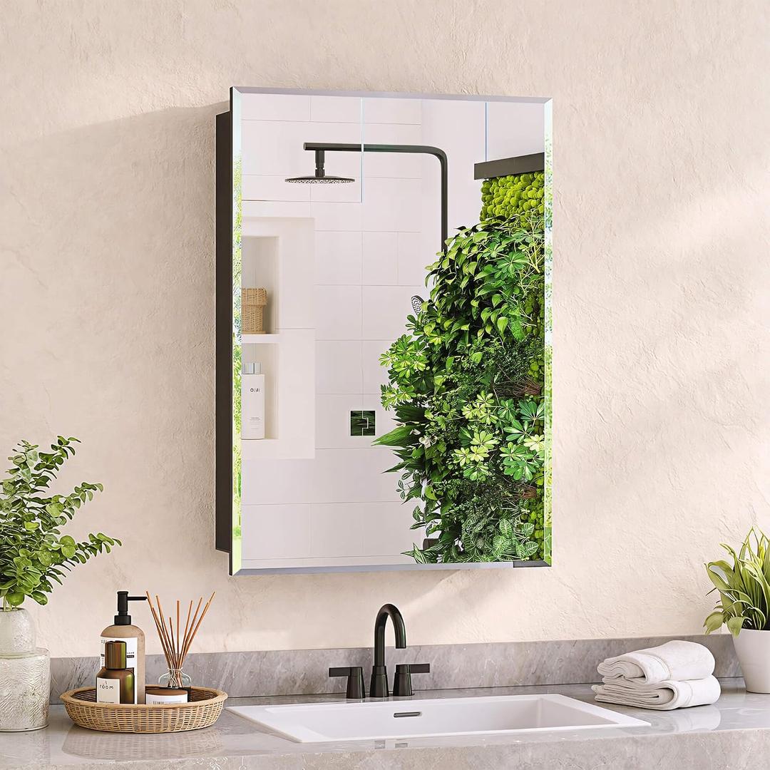 20x26 Medicine Cabinet with Mirror, 6 Adjustable Tempered Glass Shelves, Matte Black Aluminum Bathroom Storage, Soft-Close DTC Hinges, Surface or Recessed Mount, Tempered Beveled Mirror