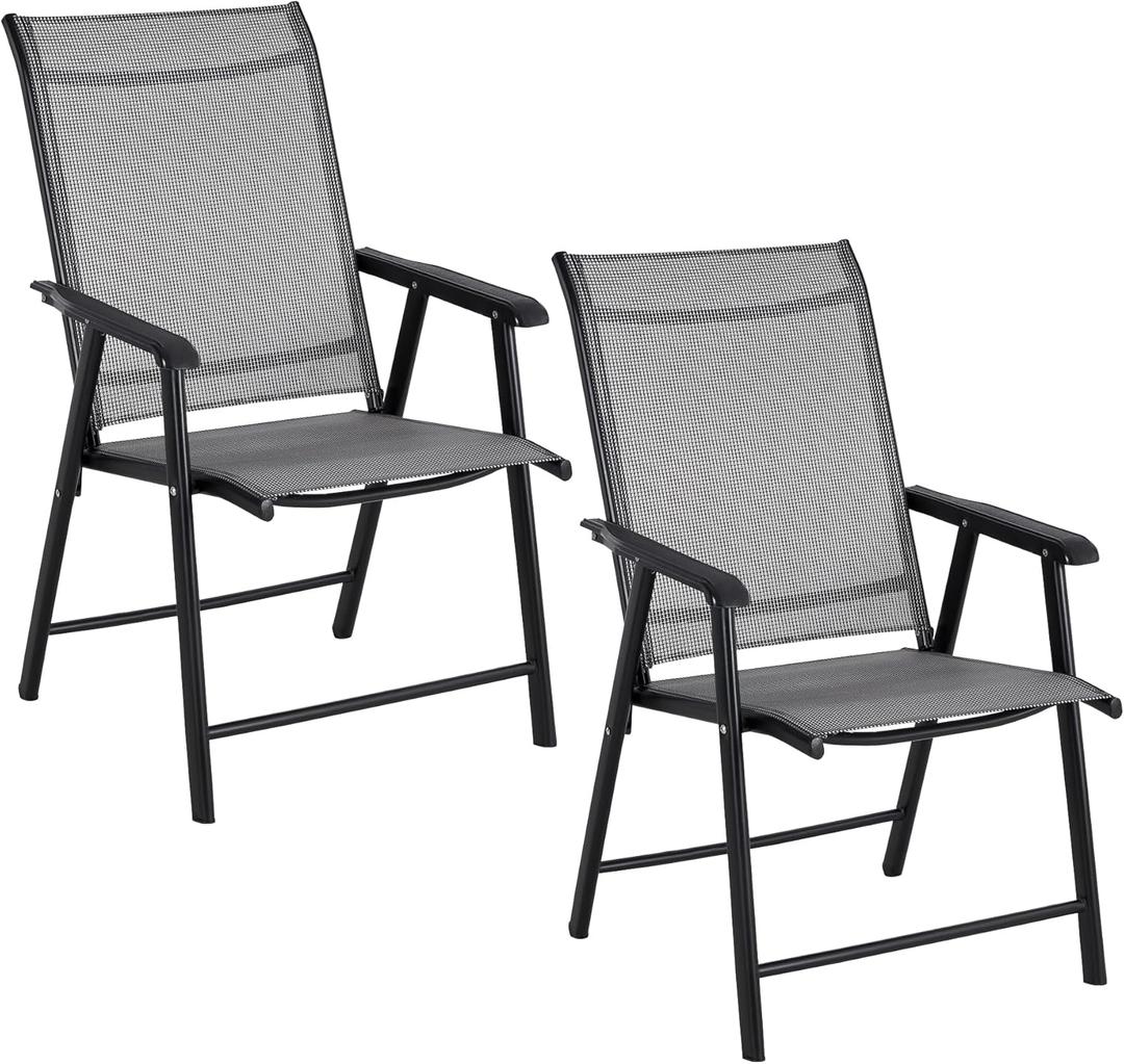 BTEXPERT Set of 2,Heavy Duty Patio Folding Chair Outdoor Indoor Portable Dining Sling Back Metal Frame with Armrests Lawn Pool Courtyard Porch Balcony Garden (Grey)