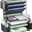 WALI Desk File Organizer, 7 Tier Desktop Paper Letter Tray Organizer with Drawer and 3 Pen Holders, Office Desk Accessories & Workspace Organizers for Office, Home, School Supplies, 1 Pack, Black