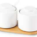 ONTUBE Ceramic Sugar Bowl with Lid and Spoon Set of 2,Porcelain Seasoning Box Salt Bowl with Tray,8oz (White)