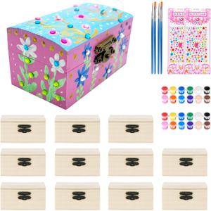 12 PCS Wooden Box,Treasure Chest with 12 Color Paints,12 PCS Unfinished Unpainted Wood Box with 2 Diy Adhesive Drilles, Small Wooden Box for Keepsake Boxes, Jewelry Box
