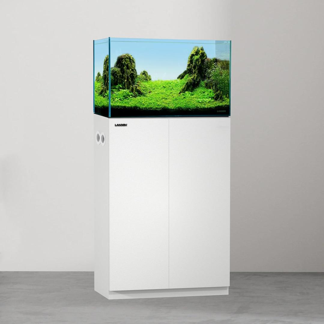 LANDEN Aquarium Wooden Stand and Cabinet for up to 16 Gal Tank, Fish Reptile Sea Salt WaterTank Stand, Nano Foam Leveling Mat Included, W23.6xD11.8xH31.5 in, Wooden Matte White Painted(Stand Only) (White-fig8_inlet)