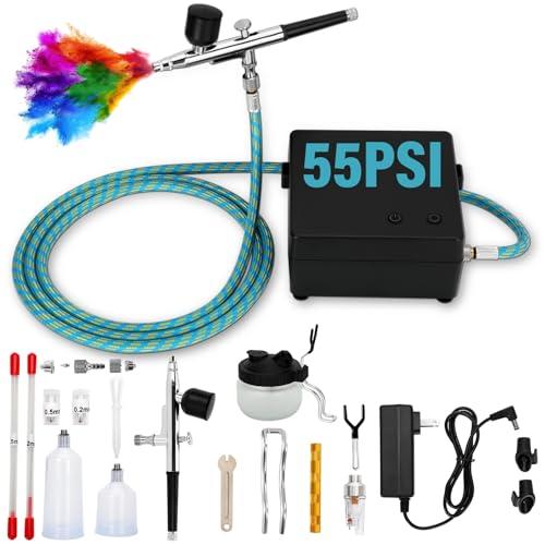 Airbrush Kit with Air Compressor for Cake Decorating Model Painting Makeup and Nails 55PSI Pro Air Brush Set 3 Nozzles (0.2/0.3/0.5mm) and Cleaning Kit Metal Compressor with Auto Shut Off