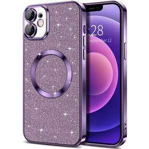 Hython for iPhone 12 Case Glitter, Clear Magnetic Phone Cases with Camera Lens Protector [Compatible with MagSafe] Bling Sparkle Plating Soft TPU Slim Shockproof Protective Cover Women Girls, Purple