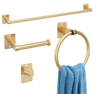 Bathroom Accessories Set, KLJKPA 4 Pieces Gold Bathroom Hardware Set, 24 inch Towel Bar, Towel Racks for Bathroom, Robe Towel Hooks, Toilet Paper Holder Wall Mounted
