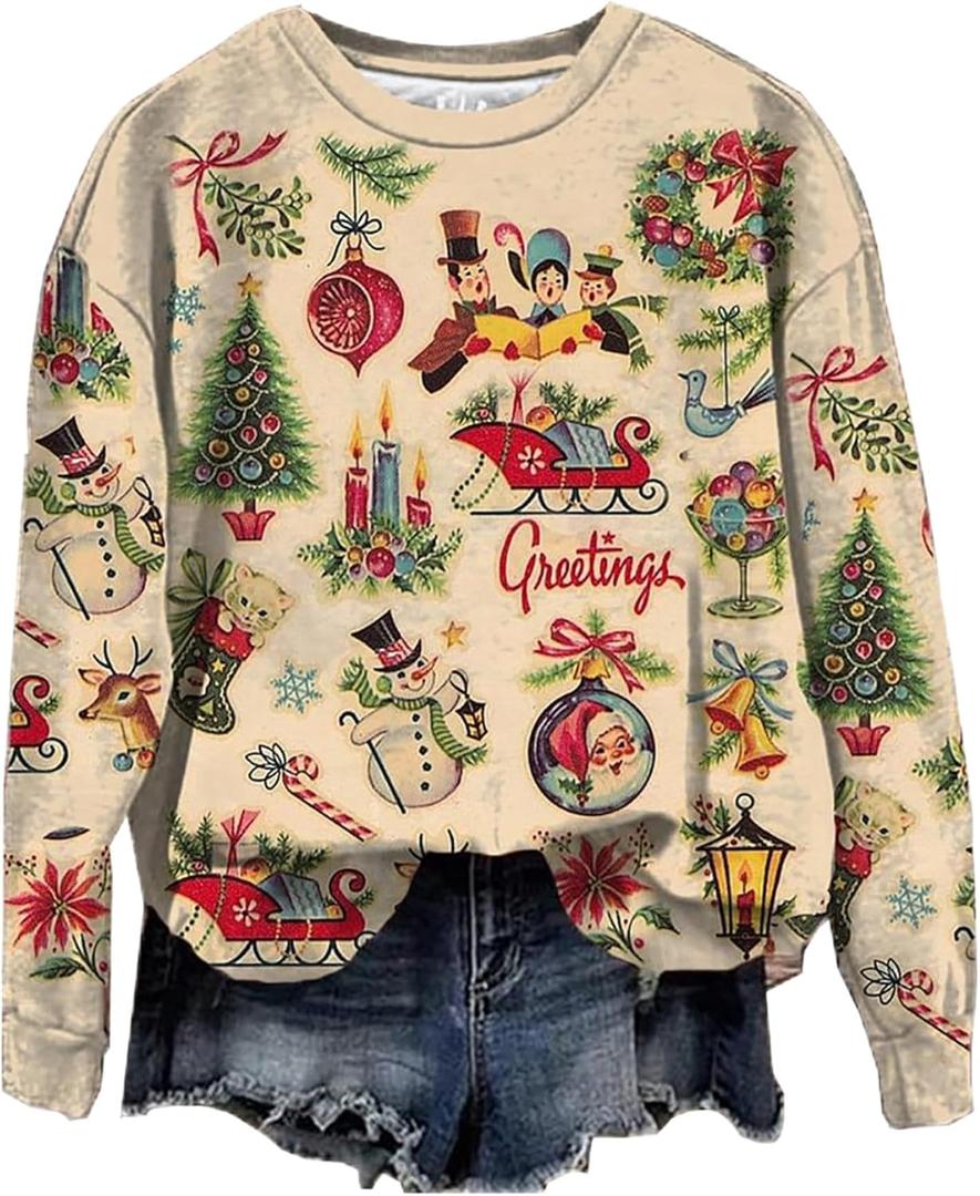 NITRFLA Women Christmas Cartoon Fun Gift Casual Sweatshirt Xmas Novelty Christmas Light Casual Pullover Fall Sweatshirt (XX-Large, Apricot)