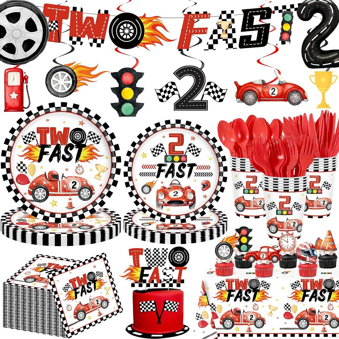 191PCS Two Fast Birthday Party Decortions, 2 Fast Birthday Decorations Includes Banner, Plates, Tablecloth, Cups, Balloons, Cake Topper, Boys Race Car Party Baby Shower Decorations Serve 24 Guests