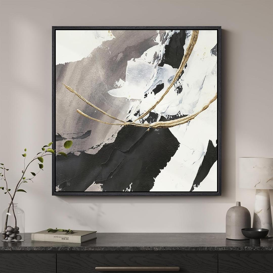 Framed Modern Black and White Abstract Wall Art, Square Contemporary Canvas Prints Artwork for Walls, Minimalist Gold Line Pictures for Bedroom Dining Room Lounge Living Room Office Wall Decor 24x24 In
