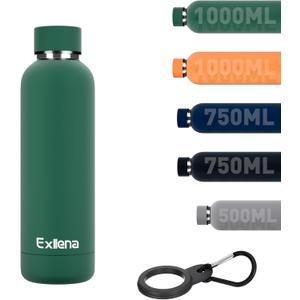 Exllena Slim Insulated Water Bottles for Travel 18oz with Clip, Double Wall Vacuum Stainless Steel Water Bottle Keeps Drinks Cold 24 Hrs/Hot 12 Hrs, 100% Leakproof, BPA Free(Emerald Green) (16.9 Ounces)