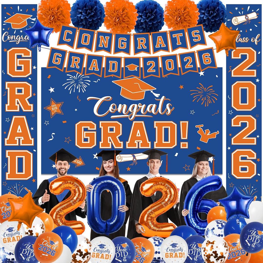Graduation Decorations Class of 2026, Blue and Orange Graduation Decorations with Congrats Grad Backdrop, Class of 2026 Banner,Porch Sign, Balloons, Foil Number 2026 for graduation Party Supplies