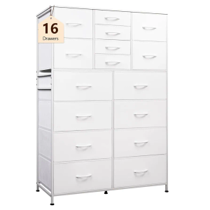 WLIVE Large Dresser for Bedroom, Fabric Dresser Storage Tower with 16 Drawers, Chest of Drawers Organizer Unit, Storage Cabinet, Hallway, Closets, Steel Frame, White